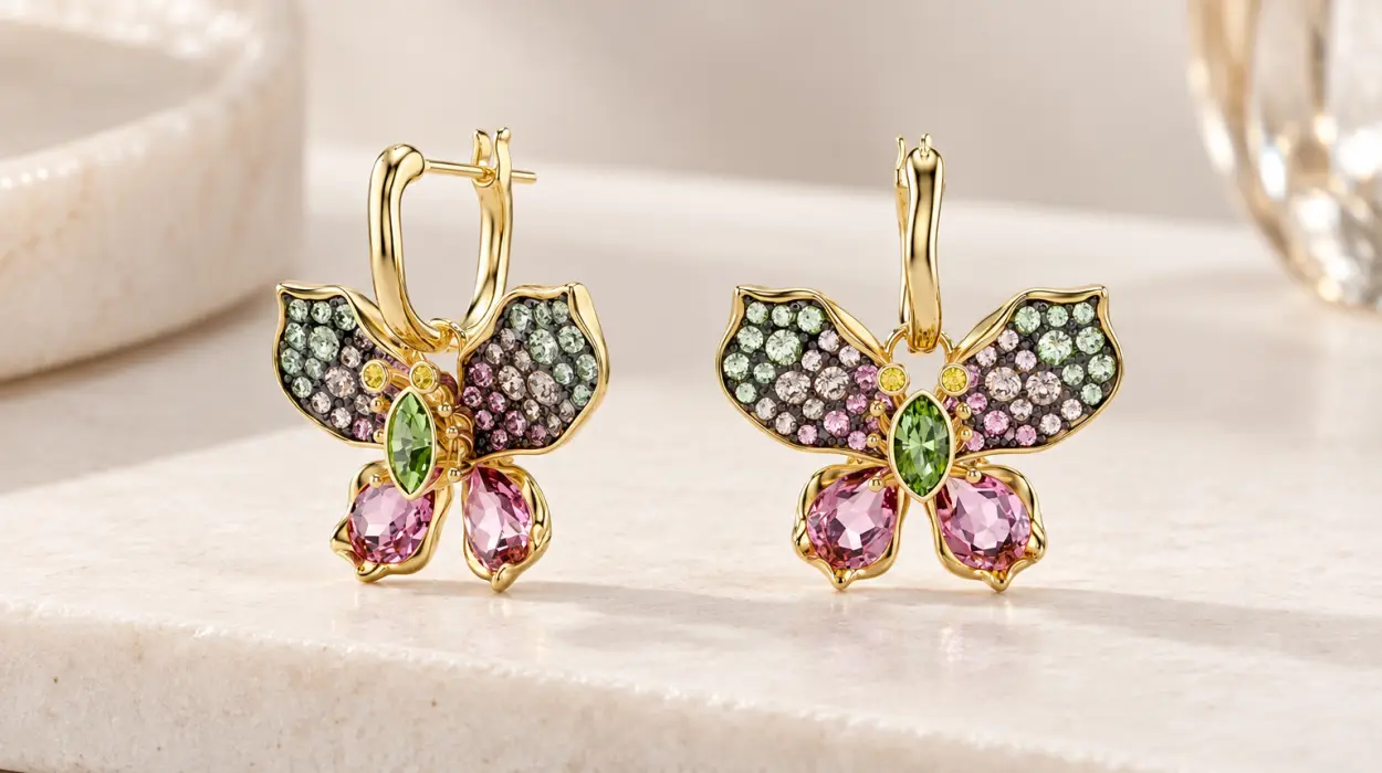 Pendientes Swarovski Idyllia de mariposa con cristales multicolor y baño en tono oro