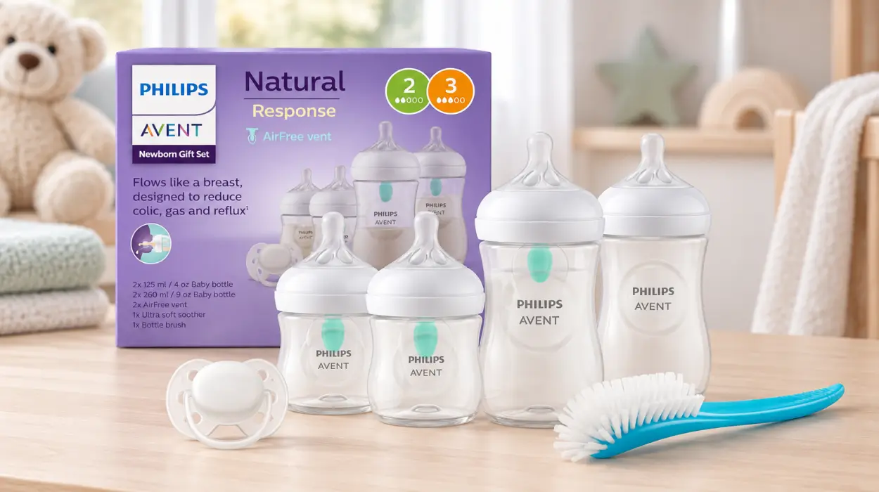 Set de regalo Philips Avent para recién nacidos con 4 biberones AirFree, chupete y escobilla