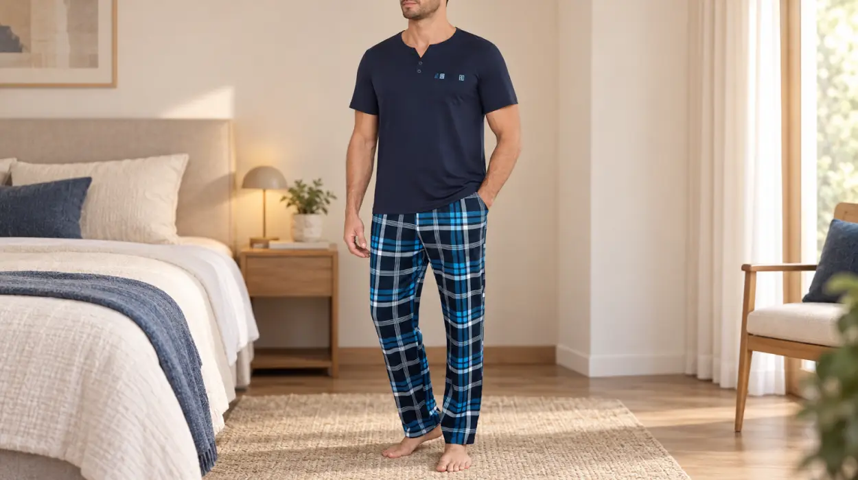 Pijama Bresdk de algodón con camiseta de manga corta y pantalón largo a cuadros para hombre