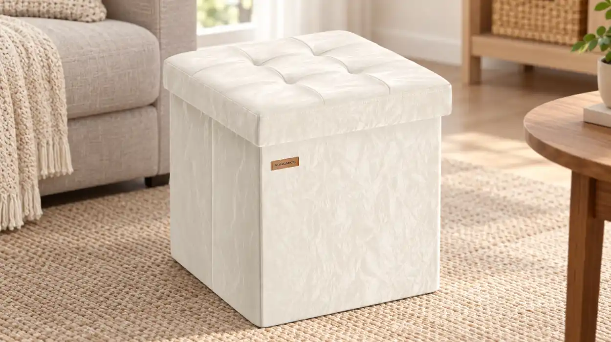 Mini banco puff de almacenaje plegable Songmics Minota de 43 L y hasta 300 kg