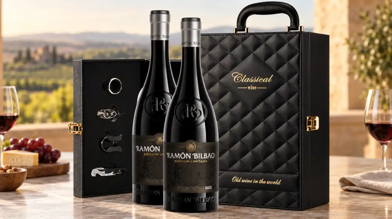 Estuche Ramón Bilbao Rioja con dos botellas de vino y cuatro accesorios