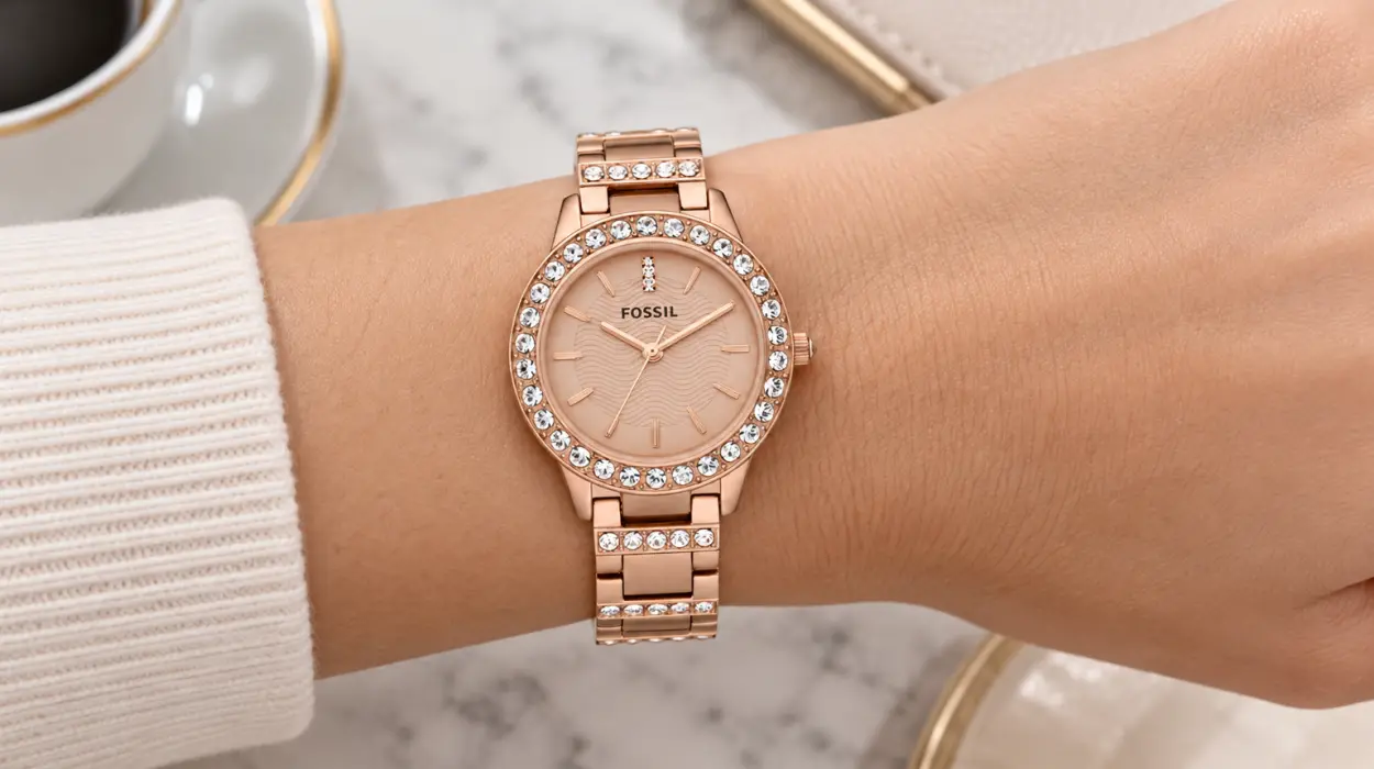 Reloj Fossil Jesse para mujer de cuarzo, con esfera oro rosa y purpurina