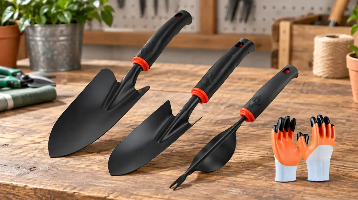 Set de 3 herramientas de jardinería con guantes