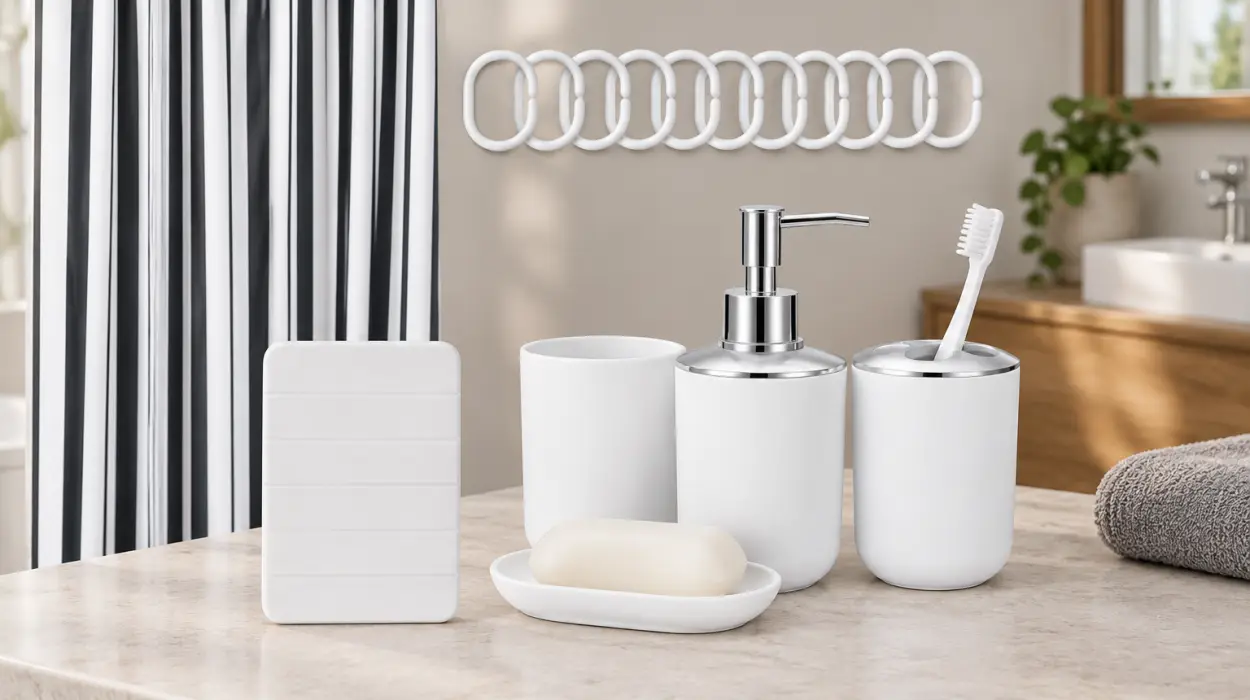 Set de accesorios de baño Amazon Basics con cortina de ducha, alfombrilla y dispensador