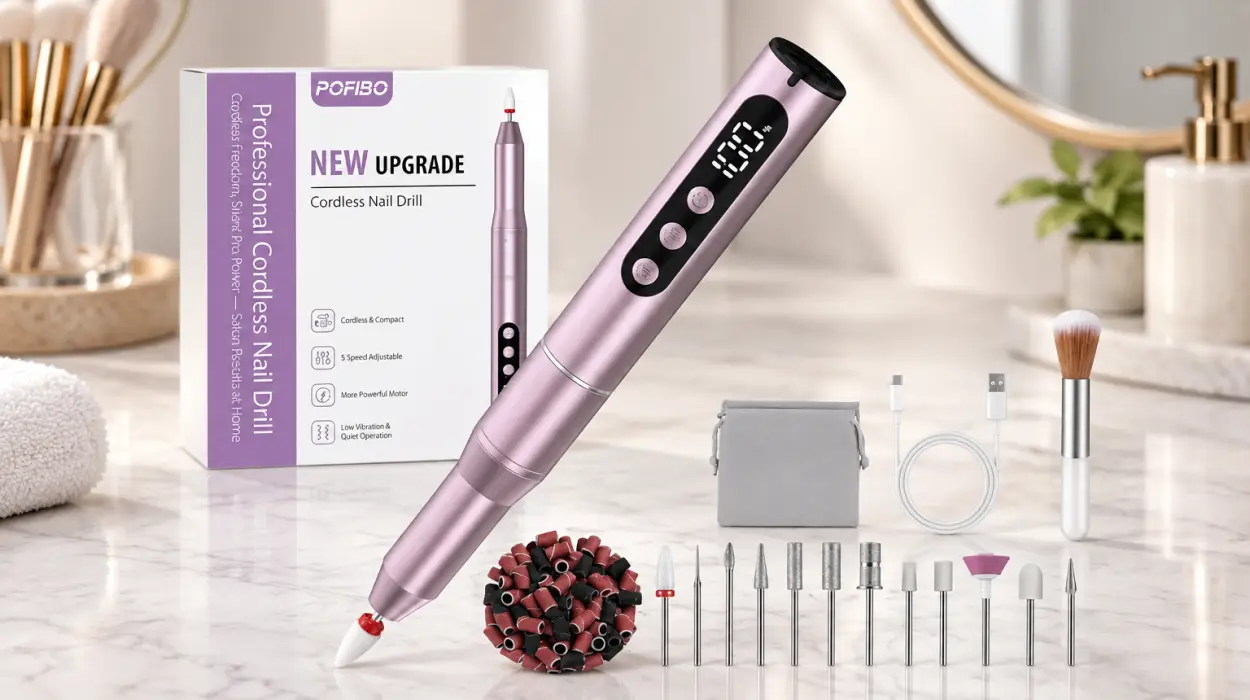 Torno para uñas POFIBO recargable de 35.000 RPM con kit de manicura 12 en 1