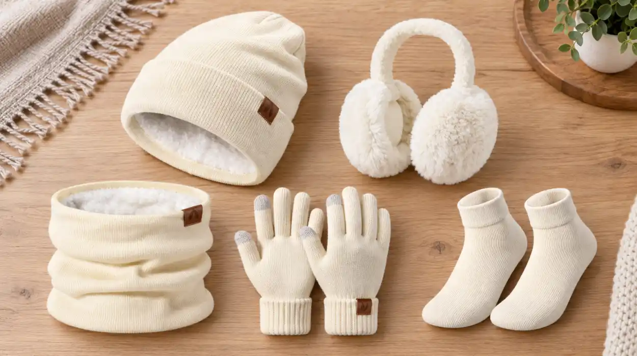 Set de invierno de 5 piezas con gorro, bufanda, guantes, orejeras y calcetines