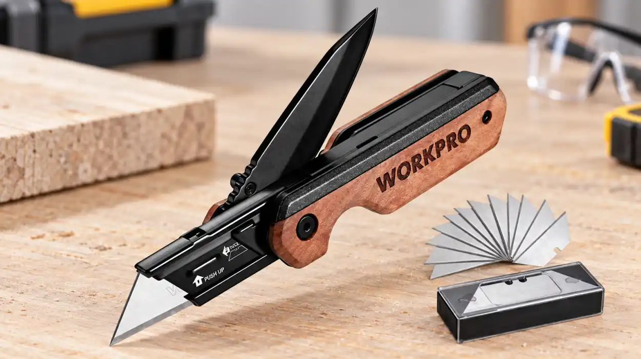 Cúter plegable Workpro 2 en 1 con mango de madera y 10 cuchillas de repuesto