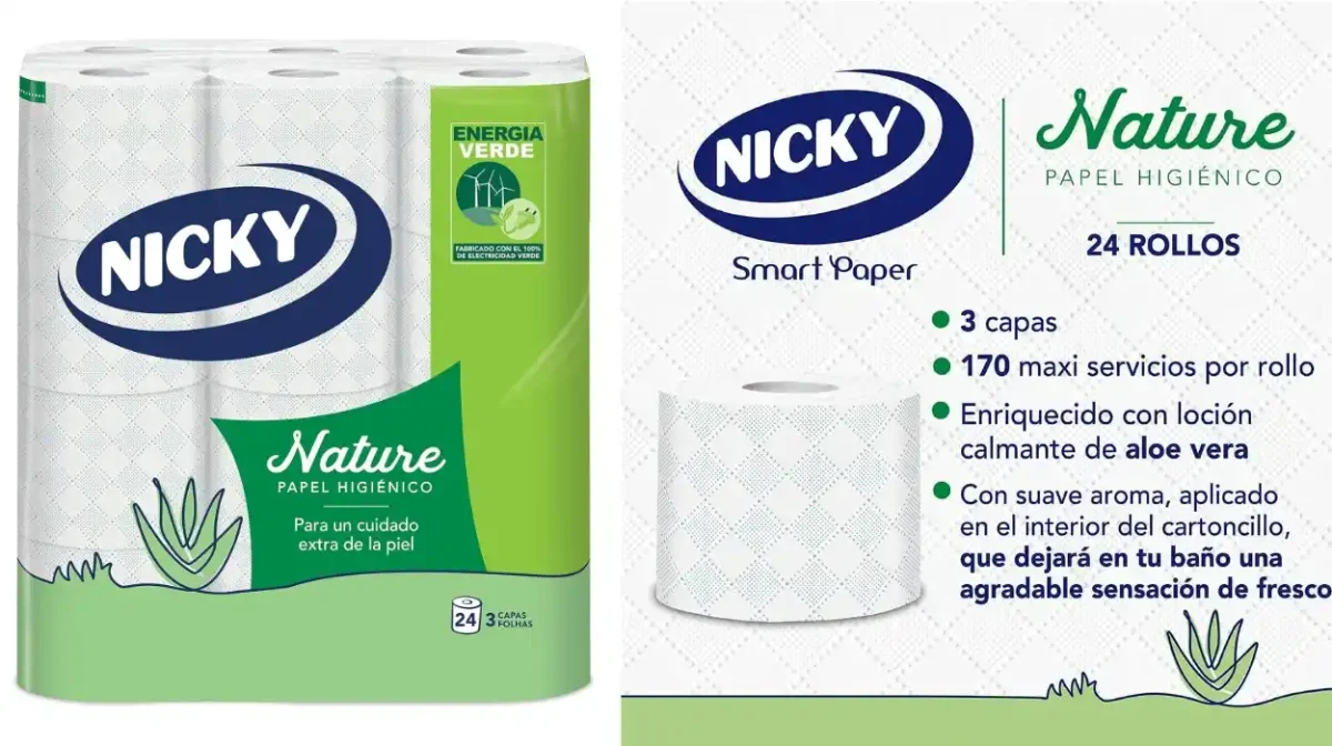 Pack 24 rollos papel higiénico Nicky Nature suave con loción de aloe vera