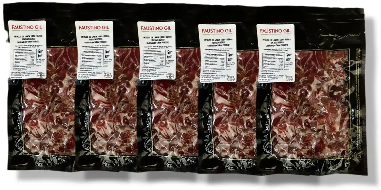 5 sobres de virutas de Jamón Ibérico cebo Ibéricos Faustino Gil (1,5 kg en total)
