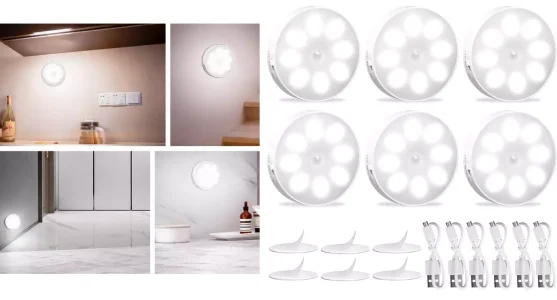 Pack de 6 luces nocturnas con sensor de movimiento, recargables por USB, con 3 modos y 8 LED para armarios o pasillos