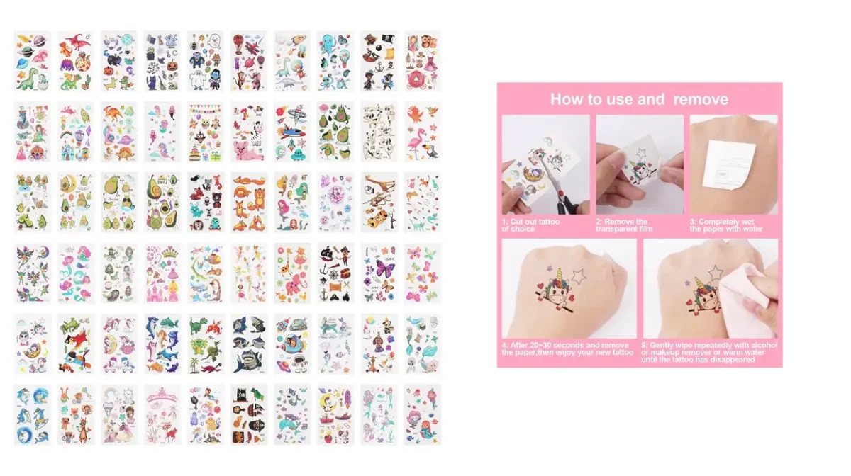 Pack de 60 hojas de tatuajes impermeables para niños