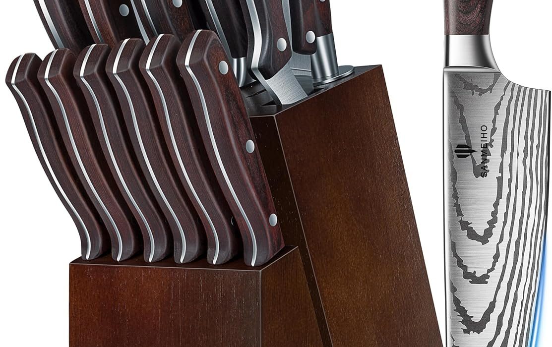 Juego de cuchillos SANMEIHO: set de 16 piezas en acero de alto carbono con bloque de madera y afilador
