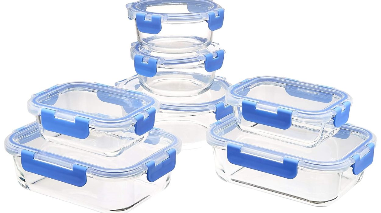 Set de 7 recipientes de vidrio Amazon Basics con tapas herméticas para almacenar alimentos
