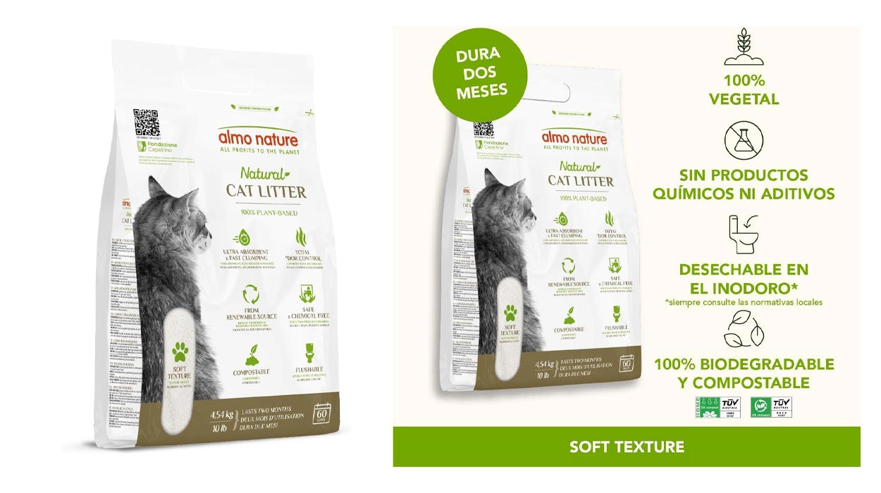 Arena aglomerante biodegradable para gatos Almo Nature Soft Texture de 4,54 kg