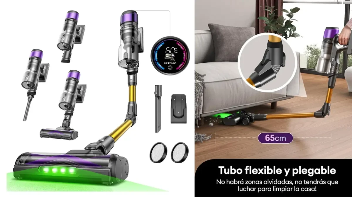 Aspiradora sin cable Ultenic U20 con brazo flexible, cepillo anti-enredo y luz LED