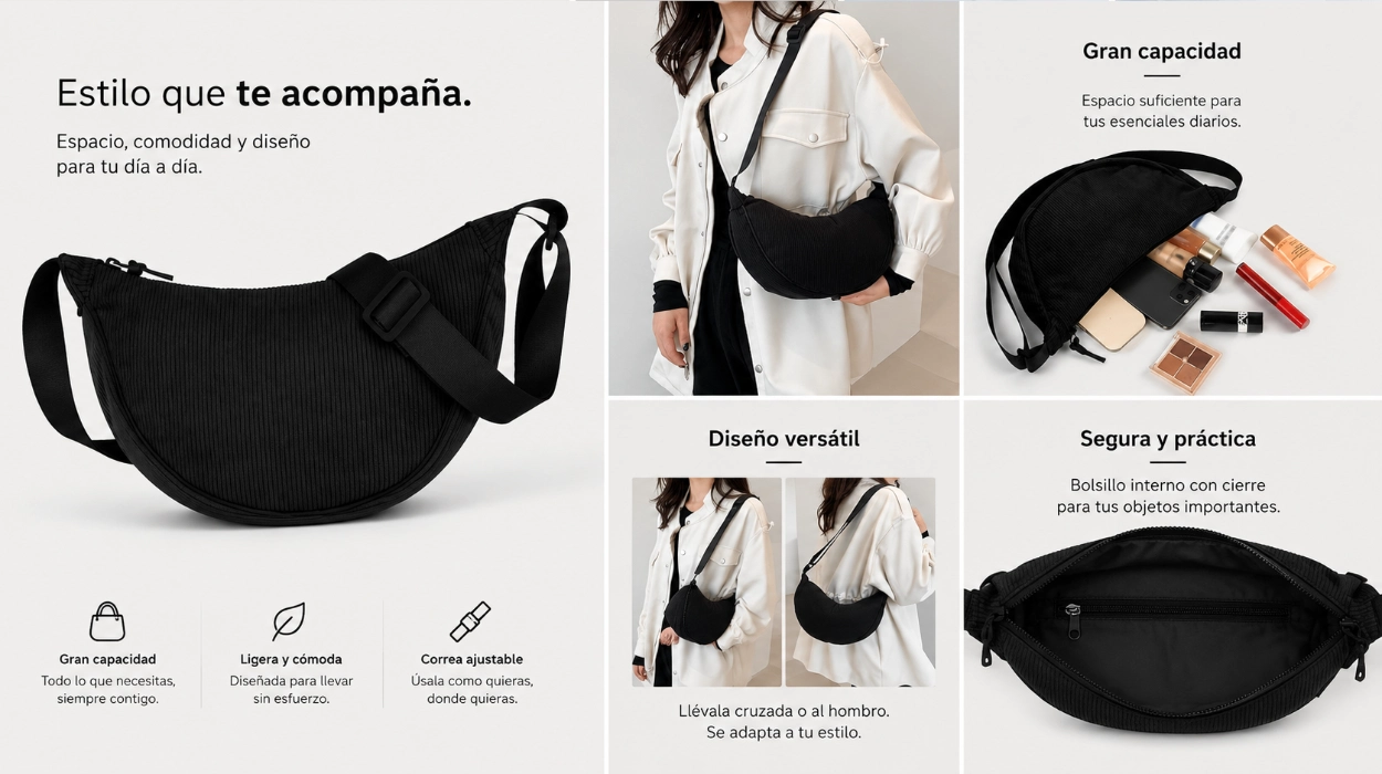 Bolso bandolera de pana media luna para mujer