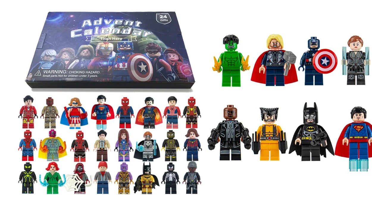 Calendario de Adviento con 24 figuritas de héroes de Marvel tipo LEGO