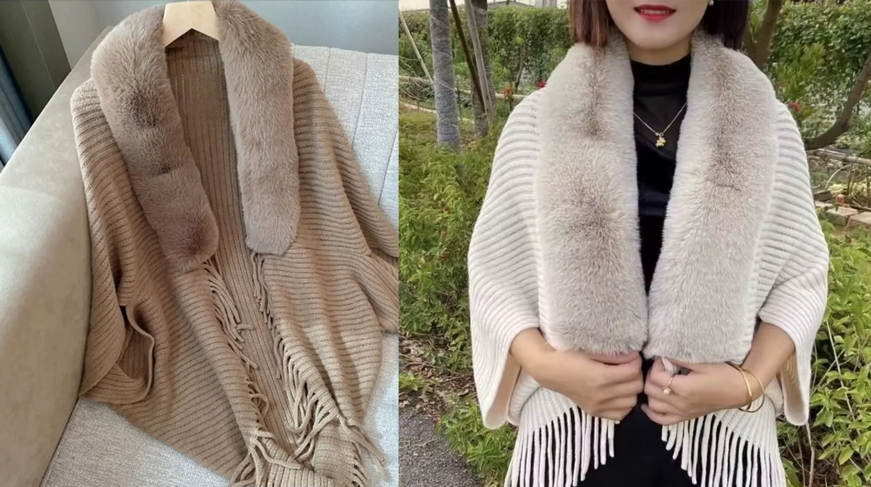 Capa estilo chal con cuello de pelo sintético para mujer