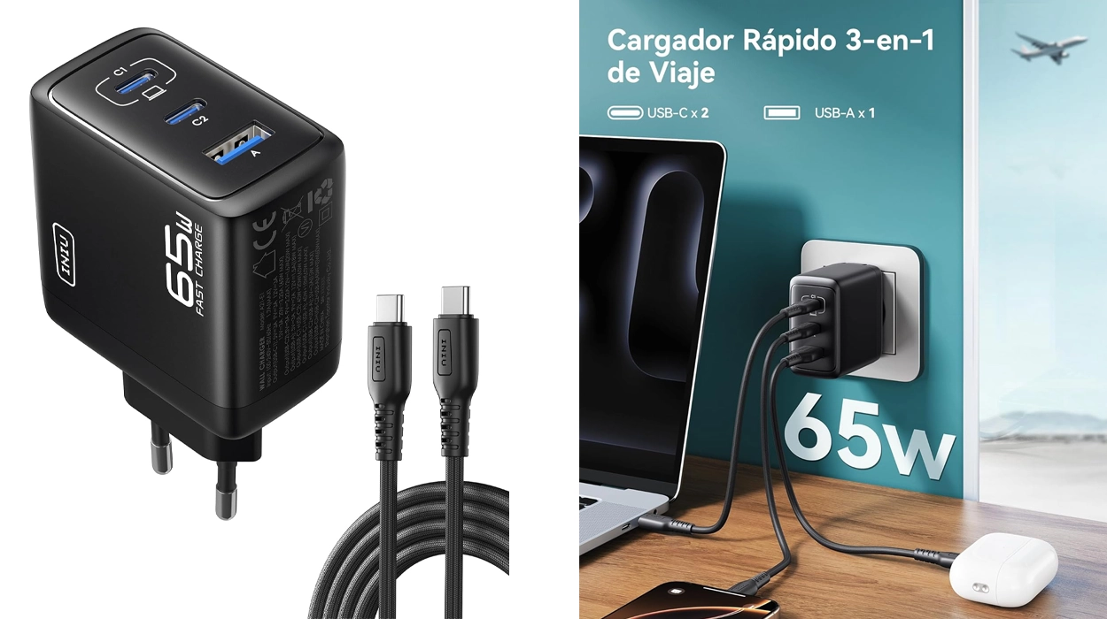 Cargador INIU 65W USB GAN con 2 USB-C + 1 USB-A