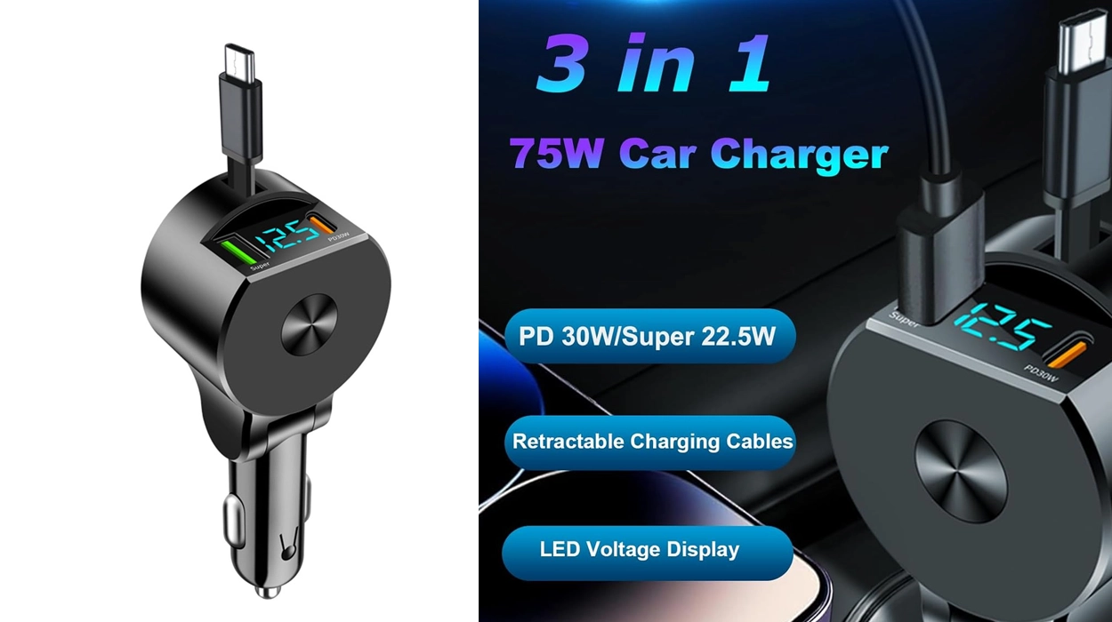 Cargador retráctil USB-C PD 3.0 QC con pantalla LED