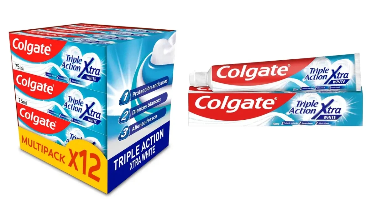 Pack de 12 pastas de dientes Colgate Triple Action Extra White