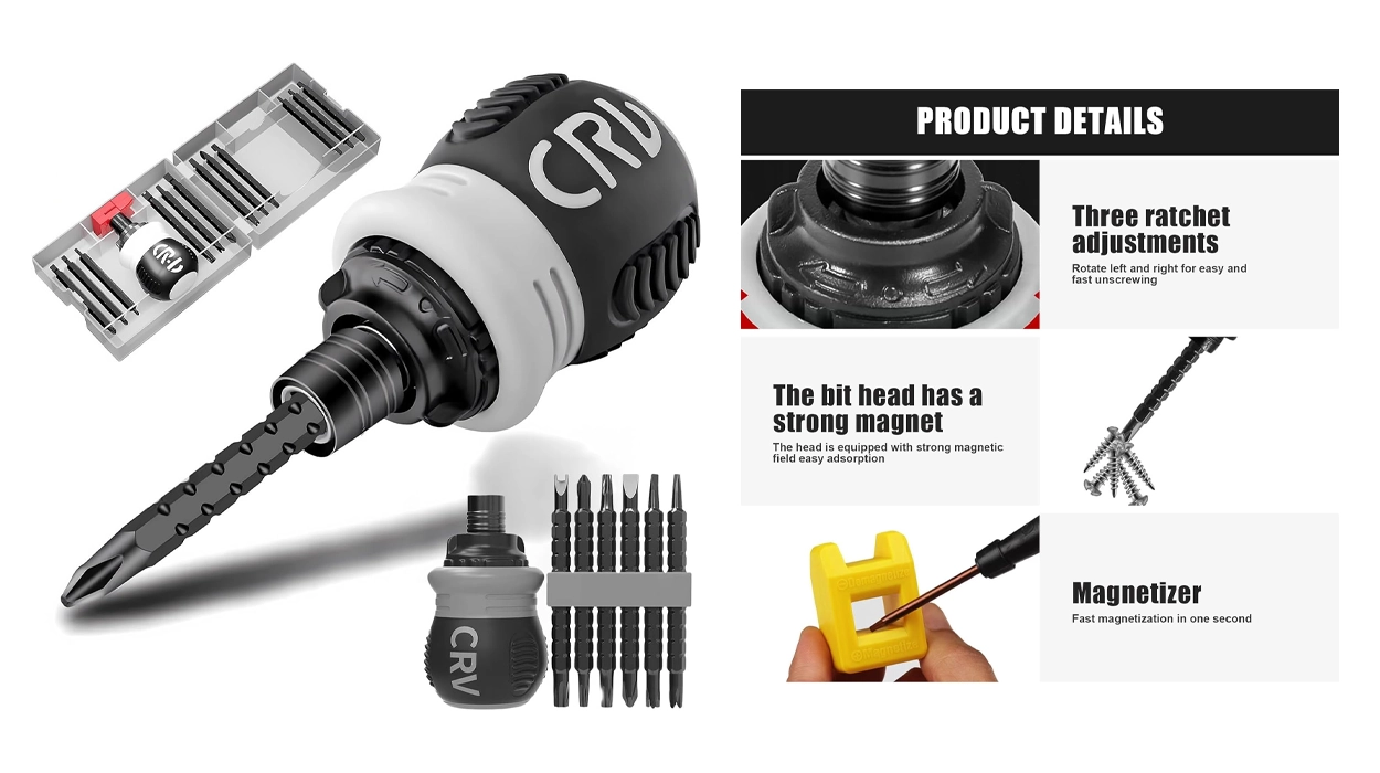 Destornillador de carraca con mango pequeño y 12 puntas