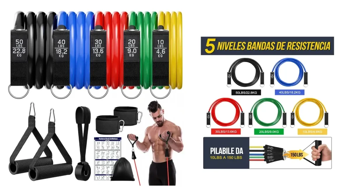 Set x5 Bandas Elásticas + accesorios para fitness