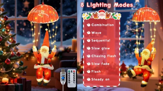 Guirnalda luminosa Papá Noel paracaidista con 88 LED, carga USB y mando a distancia