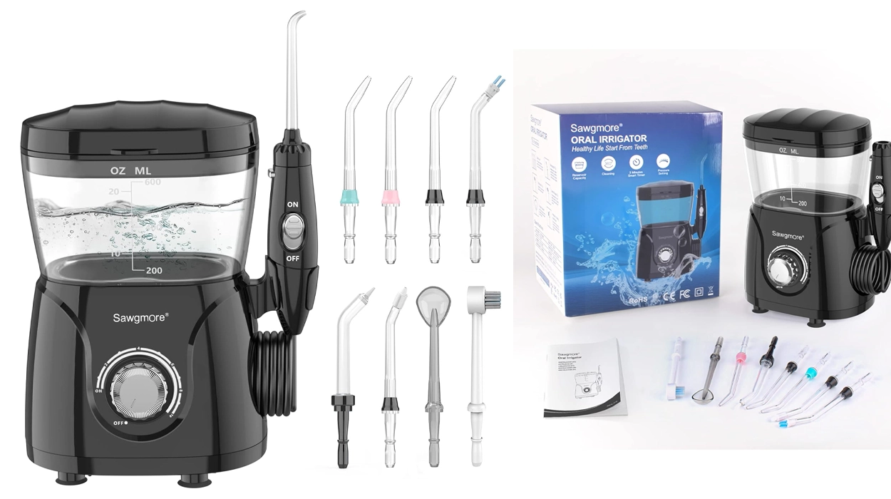 Irrigador dental Sawgmore con 8 boquillas y 10 ajustes