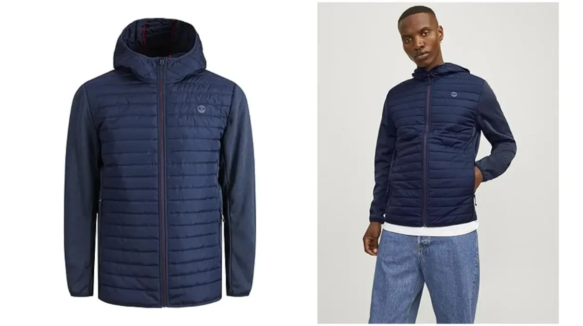 BAJADA HISTÓRICA en esta chaqueta híbrida Jack & Jones: Cuesta sólo 17,99€ con descuento automático en color azul marino y se va a agotar YA