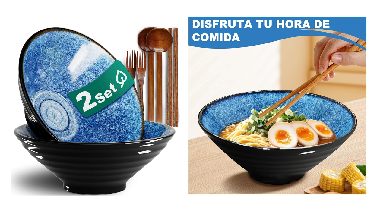 Juego de 2 cuencos de ramen de cerámica de 1.200 ml con cubiertos y palillos