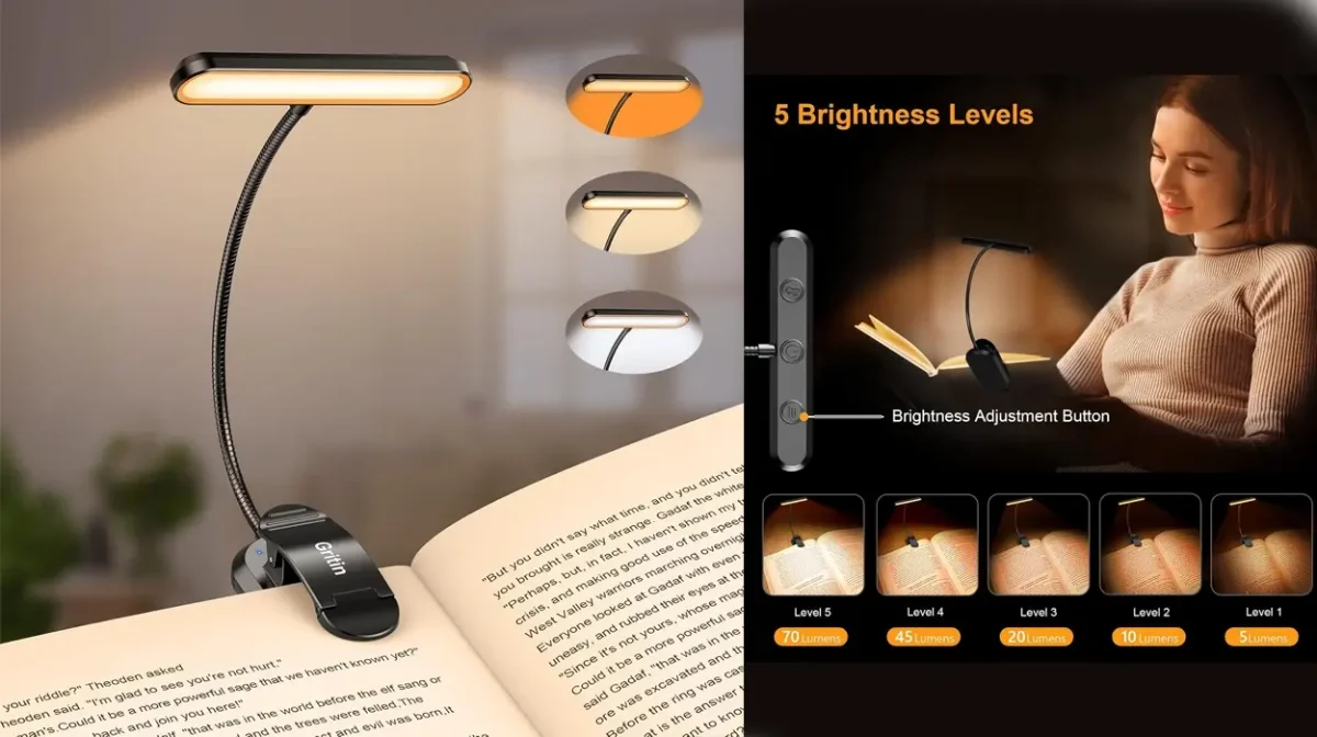 Esta luz de lectura LED Gritin 360° ajustable y recargable es perfecta para leer por la noche sin molestar por menos de 12 euretes