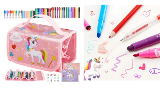 Maletín infantil Unicornio de 60 piezas con bolis y rotuladores de purpurina