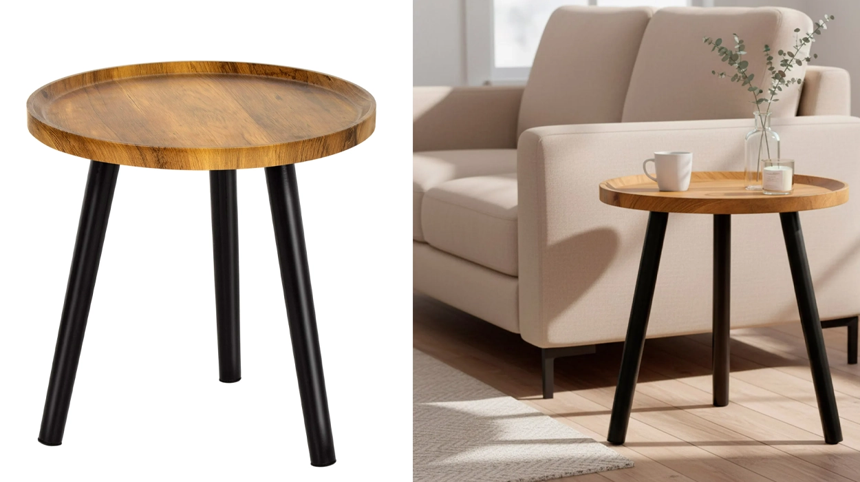 Mesa auxiliar redonda Max Home de madera natural con patas metálicas