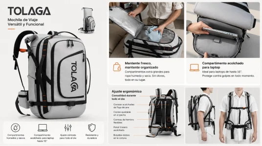 Mochila de viaje Tolaccea grande y expandible 40L-55L