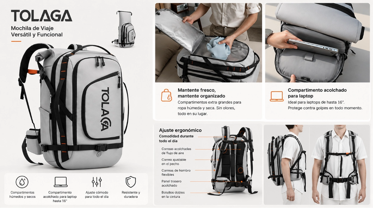 Mochila de viaje Tolaccea grande y expandible 40L-55L