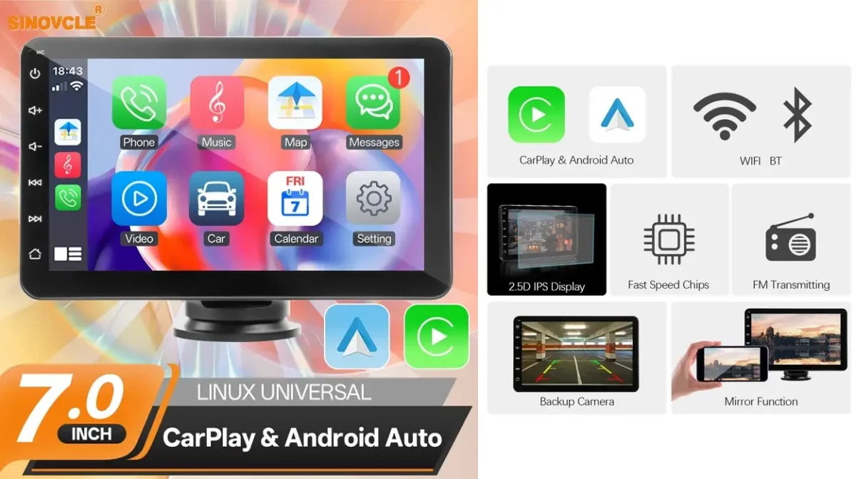 Monitor inalámbrico CarPlay para coche Sinovcle de 7" con cámara trasera