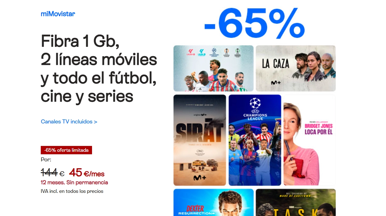 Movistar Fibra 1 Gb + 2 líneas móviles + Todo el futbol, cine y series