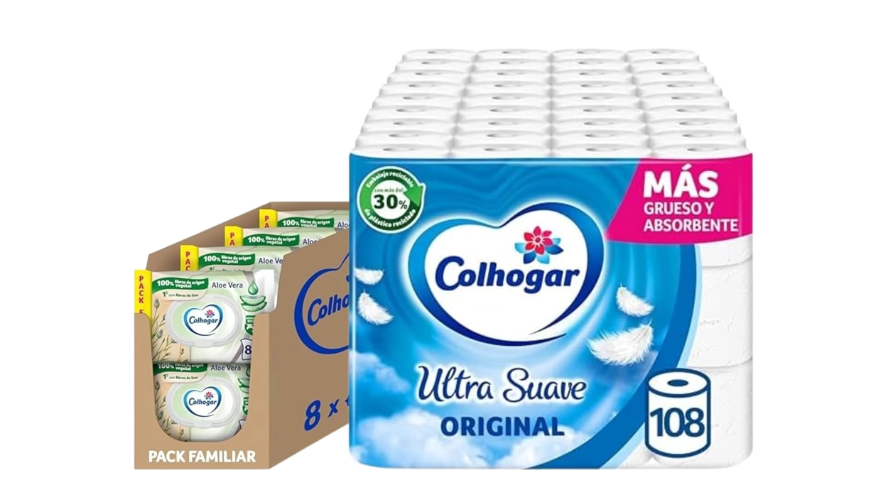 Pack de 108 rollos de papel higiénico Colhogar Ultra Suave + 640 Toallitas Húmedas Aloe