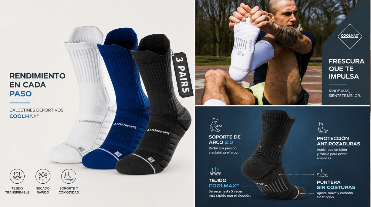 Pack de 3 pares de calcetines de running Rahhint Coolmax anti-ampollas con soporte en el arco