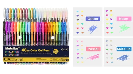 Pack de 48 bolígrafos de gel Fittoly con colores clásicos, neón y purpurina para adultos