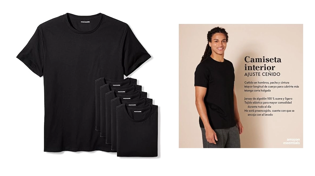 Pack de 6 camisetas interiores de algodón Amazon Essentials para hombre