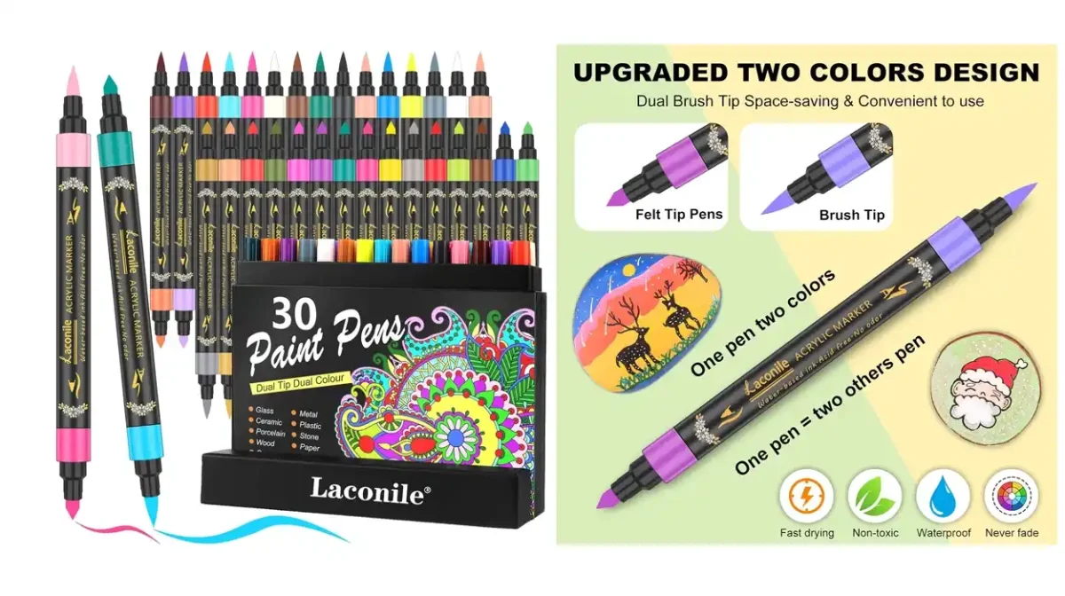 Pack de 30 rotuladores acrílicos Laconile de doble color (60 tonos) para pintar cristal, piedras o cerámica