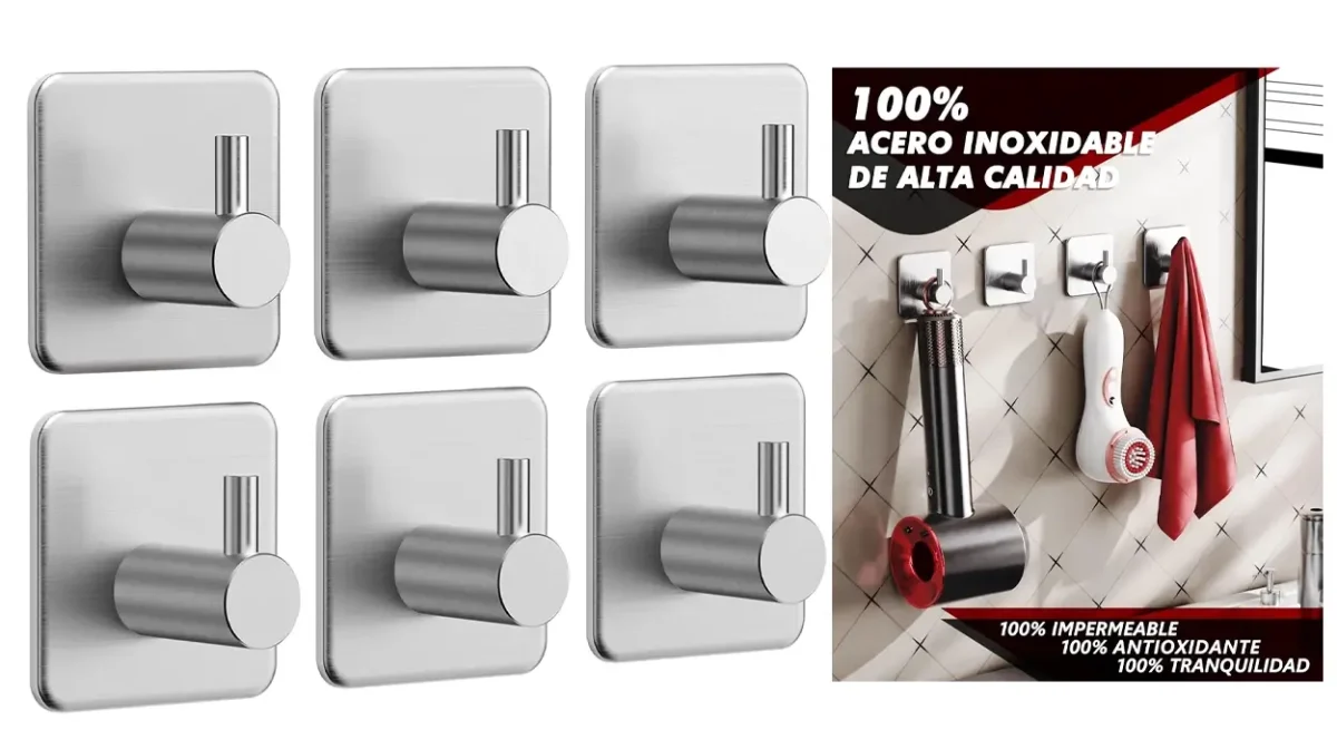 Pack x6 Ganchos adhesivos de acero inoxidable para la pared
