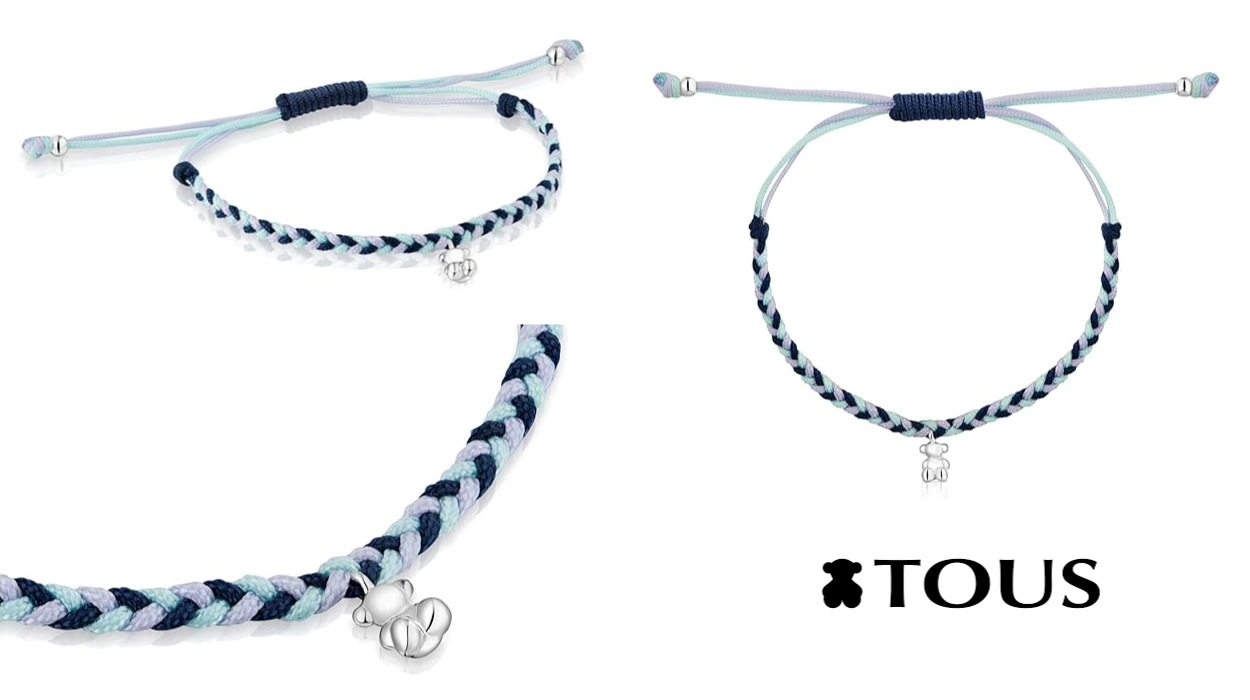 Pulsera TOUS de nylon trenzado con charm Oso en plata de primera Ley