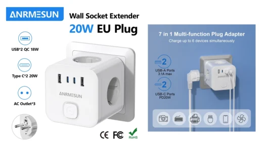 Regleta cubo con 3 tomas, 2 USB QC y USB-C de 20W