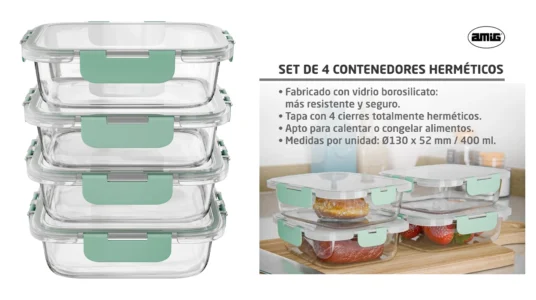 Set de 4 recipientes herméticos de cristal Amig para alimentos