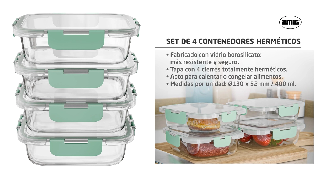 Set de 4 recipientes herméticos de cristal Amig para alimentos