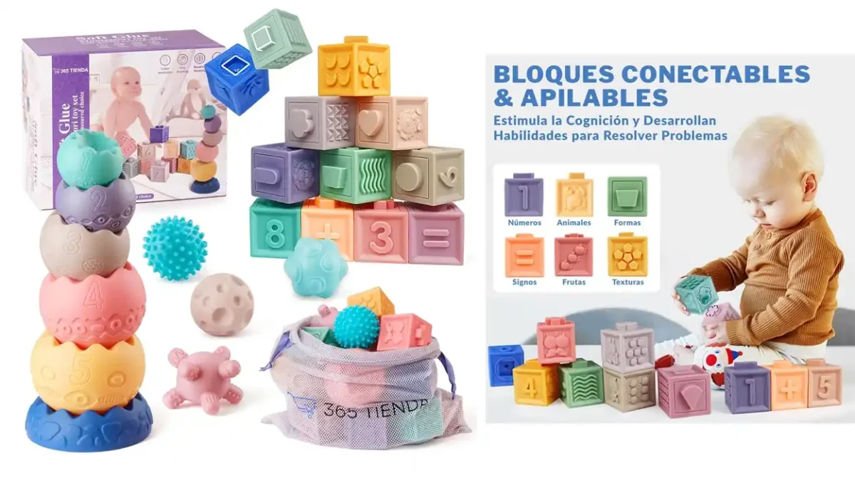 Este set Montessori con 22 piezas de silicona suave para apilar y encajar es perfecto para bebés de 1 año y hoy está genial de precio