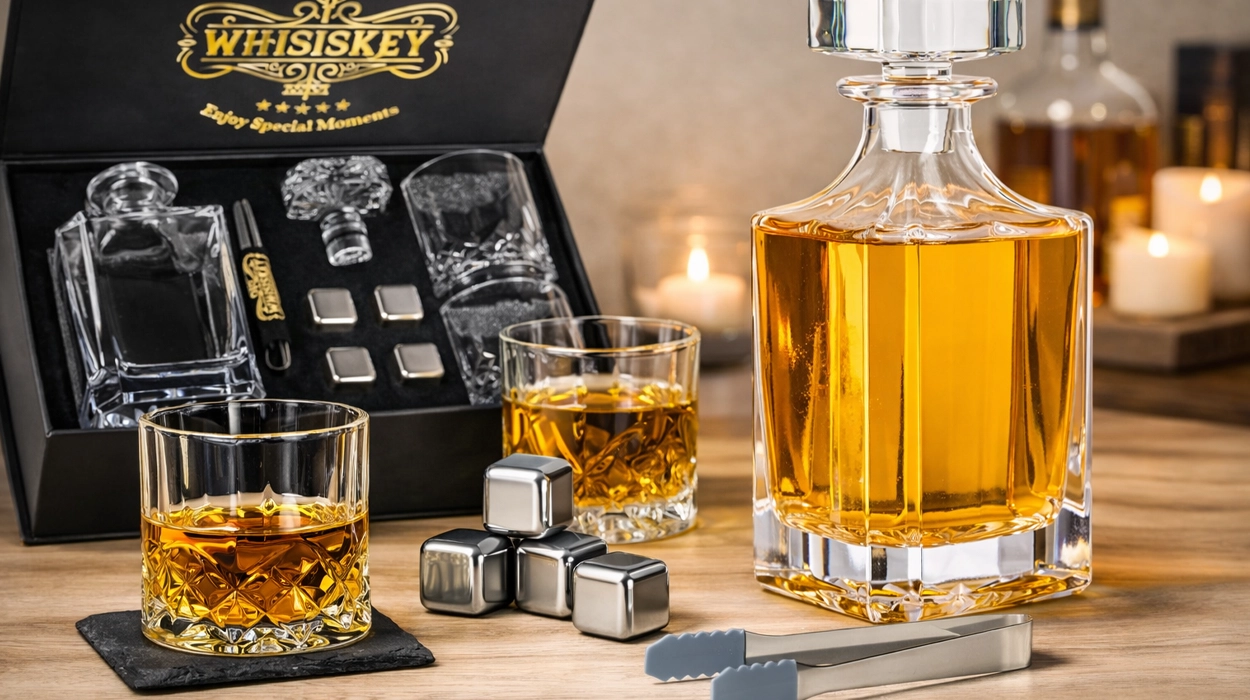 Set de regalo Whisiskey con decantador de whisky de 700 ml, 2 vasos de 310 ml, 2 posavasos, 4 piedras y pinzas